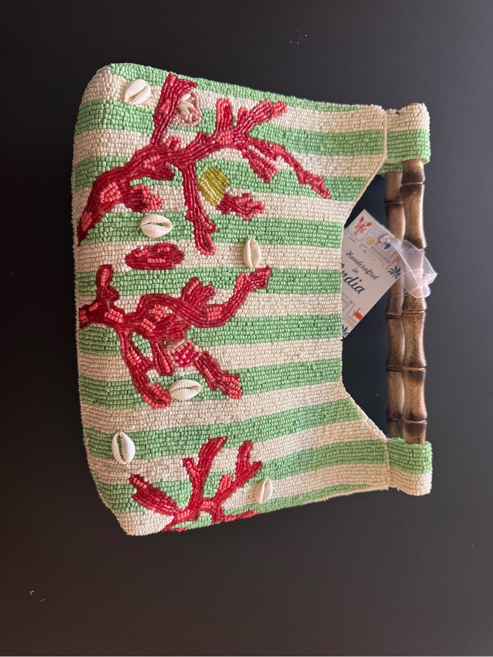 Handmade Beaded Coral Embroidered Clutch with Bamboo Handle - Green & Cream